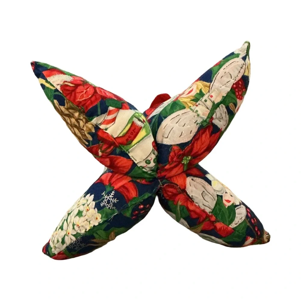 Vintage Handmade Fabric Christmas Tree Angel Poinsettia Print 8in Plush Decor
